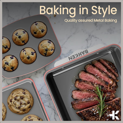 Bakken 8-Piece Ceramic Coated Bakeware Sets, Nonstick Aluminized Steel Pans with Muffin, Loaf, Cake, Roasting Pan, & Cooling Rack, Oven Safe Up To 500°F, Dishwasher Safe, BPA, PTFE & PFAS Free, Pink