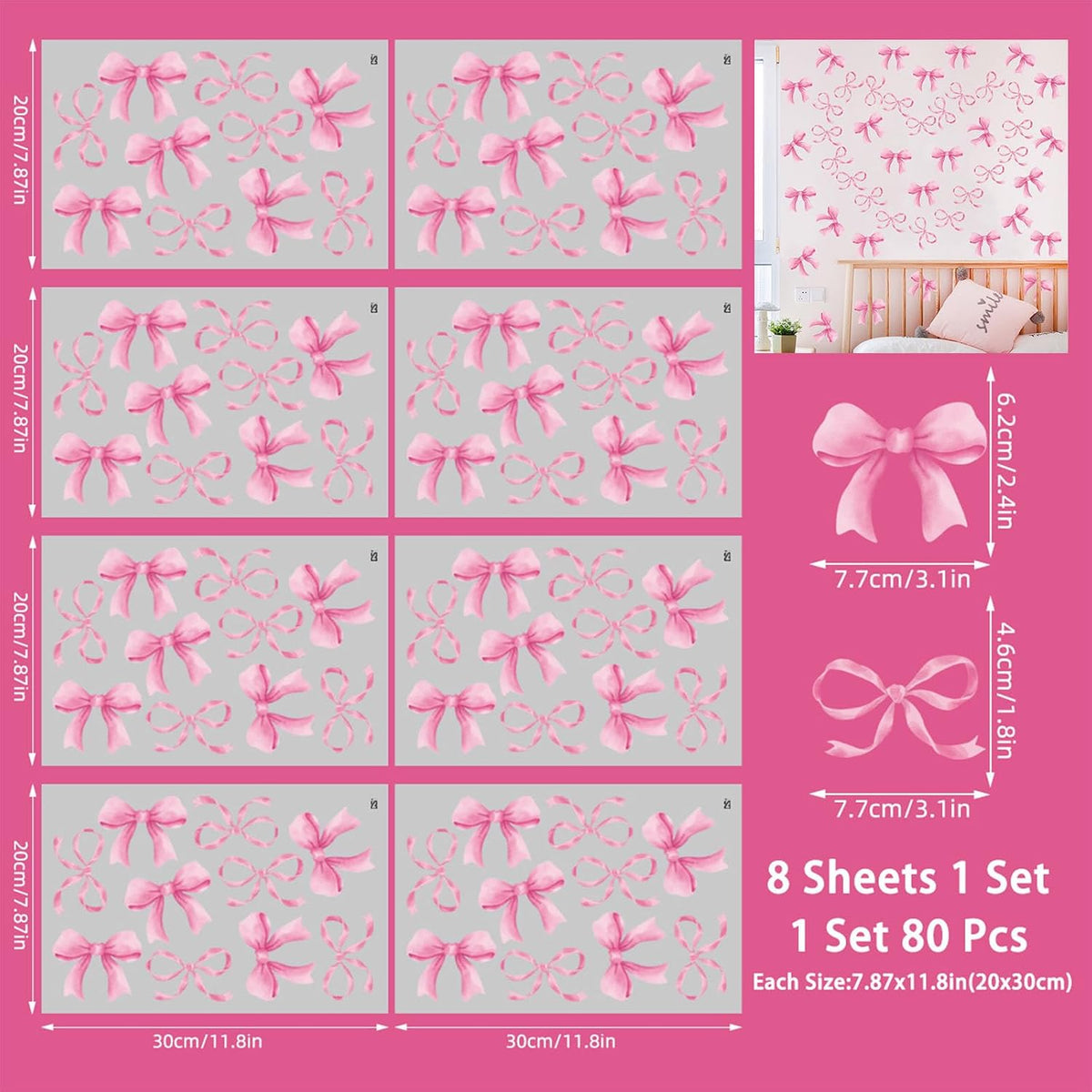 8Sheet/80pcs Pink Bowtie Wall Stickers and Decals for Bedroom and Bathroom Bow Room and Wall Decor Coquette Room Decor for Bedroom Bow Sticker