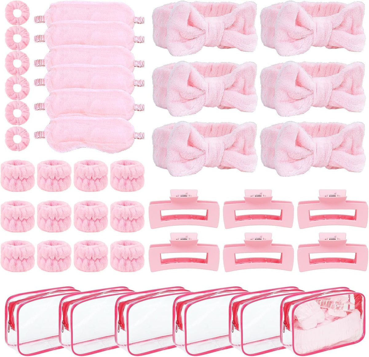 42 Pcs Sleepover Party Supplies Spa Party Favors 6 Pink Spa Headband 6 Pink Plush Sleep Eye Mask 6 Claw Clips 6 Clear Cosmetic Bags 12 Face Washing Wristbands for Slumber Party Gift