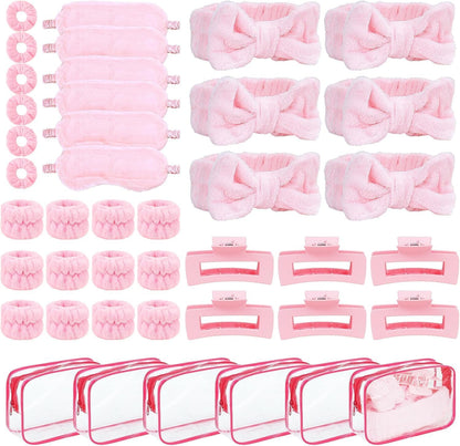 42 Pcs Sleepover Party Supplies Spa Party Favors 6 Pink Spa Headband 6 Pink Plush Sleep Eye Mask 6 Claw Clips 6 Clear Cosmetic Bags 12 Face Washing Wristbands for Slumber Party Gift