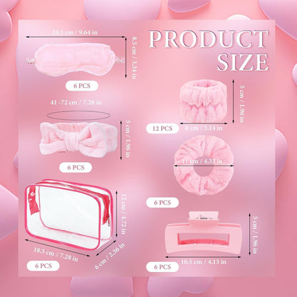 42 Pcs Sleepover Party Supplies Spa Party Favors 6 Pink Spa Headband 6 Pink Plush Sleep Eye Mask 6 Claw Clips 6 Clear Cosmetic Bags 12 Face Washing Wristbands for Slumber Party Gift