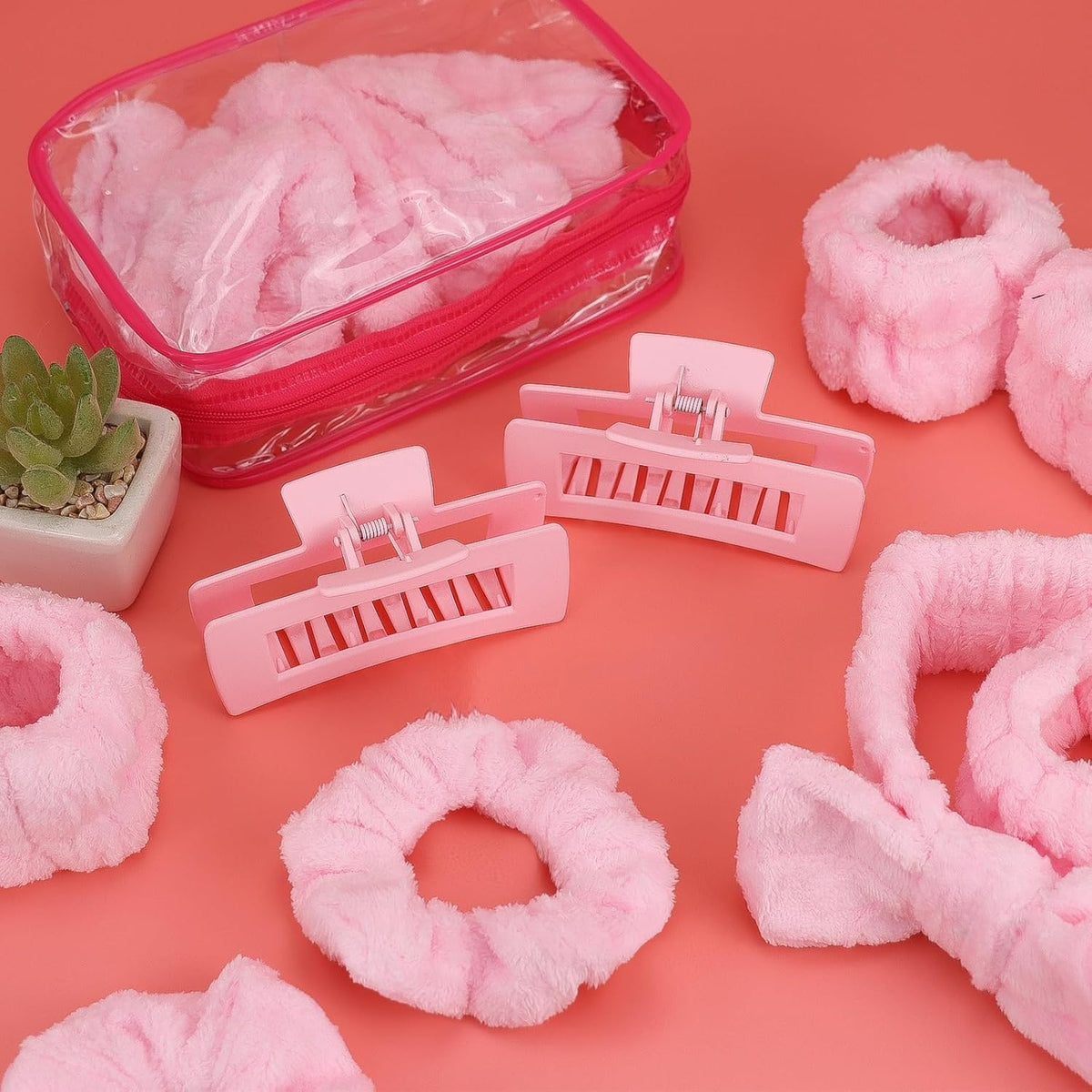 42 Pcs Sleepover Party Supplies Spa Party Favors 6 Pink Spa Headband 6 Pink Plush Sleep Eye Mask 6 Claw Clips 6 Clear Cosmetic Bags 12 Face Washing Wristbands for Slumber Party Gift