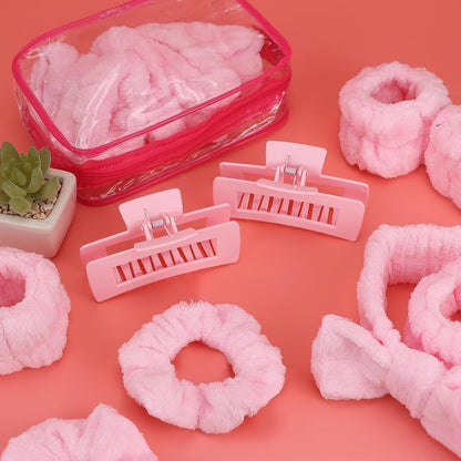 42 Pcs Sleepover Party Supplies Spa Party Favors 6 Pink Spa Headband 6 Pink Plush Sleep Eye Mask 6 Claw Clips 6 Clear Cosmetic Bags 12 Face Washing Wristbands for Slumber Party Gift