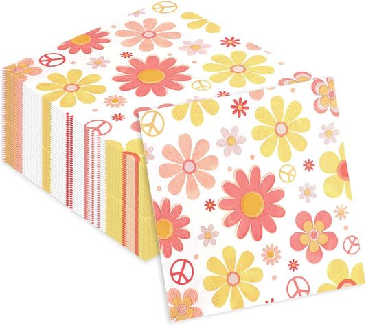 Honoson Cocktail Guest Napkins Paper Disposable Beverage Dinner Napkins Hand Towel for Holiday Birthday Party Supplies Favors Table Decoration(100 Pieces,Hippie Flower)