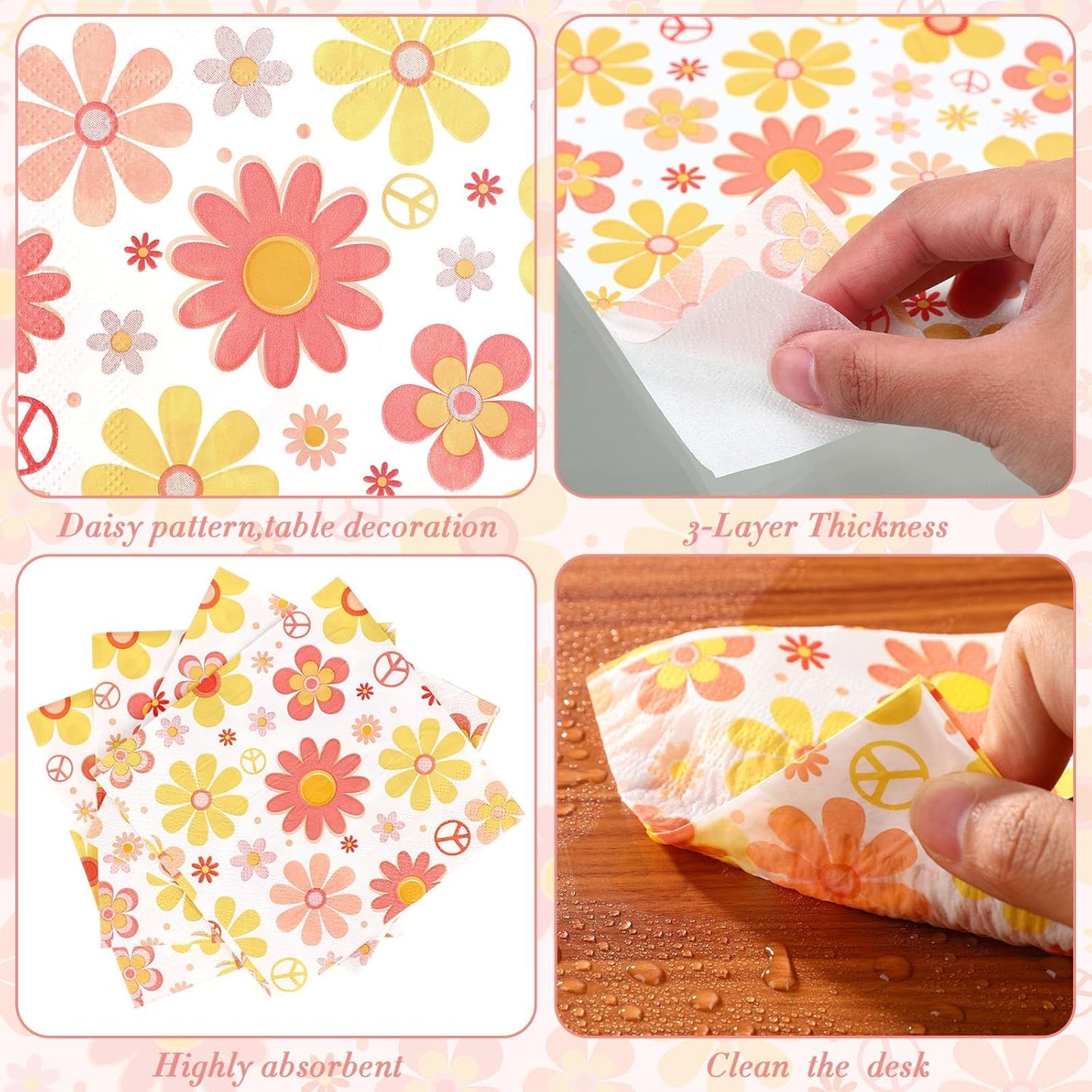 Honoson Cocktail Guest Napkins Paper Disposable Beverage Dinner Napkins Hand Towel for Holiday Birthday Party Supplies Favors Table Decoration(100 Pieces,Hippie Flower)