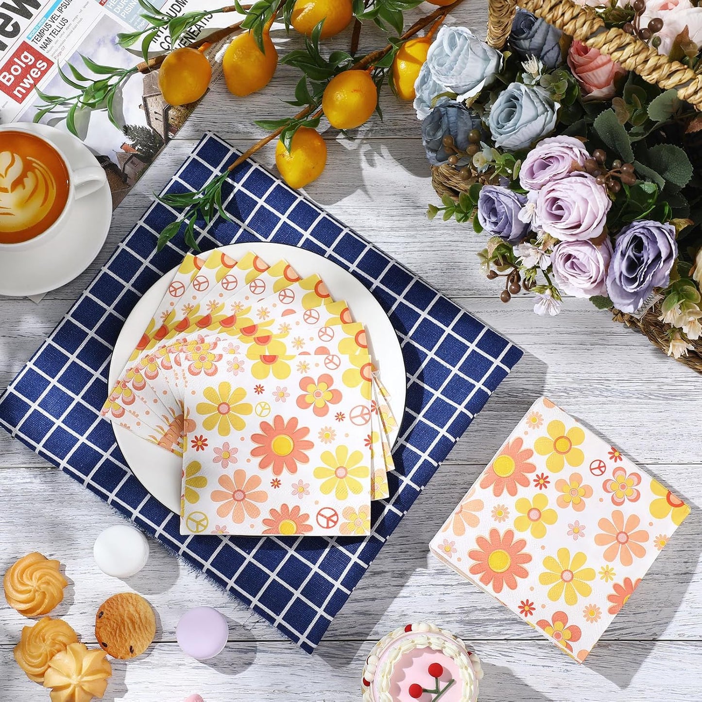 Honoson Cocktail Guest Napkins Paper Disposable Beverage Dinner Napkins Hand Towel for Holiday Birthday Party Supplies Favors Table Decoration(100 Pieces,Hippie Flower)
