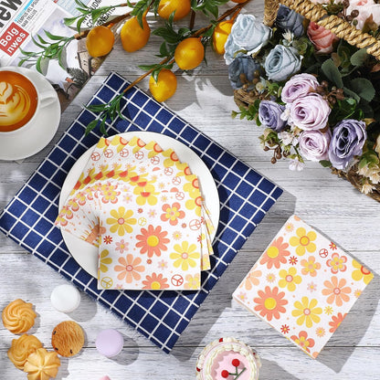 Honoson Cocktail Guest Napkins Paper Disposable Beverage Dinner Napkins Hand Towel for Holiday Birthday Party Supplies Favors Table Decoration(100 Pieces,Hippie Flower)
