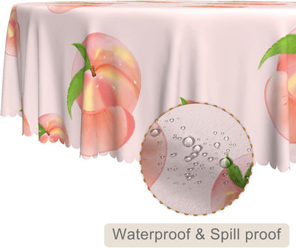 Cute Peach Round Tablecloth 70 Inch Summer Sweet Pink Peach with Green Leaves Print Circular Table Cover Waterproof Table Cloth for Dining Room Kitchen Patio Indoor Outdoor Party Supplies