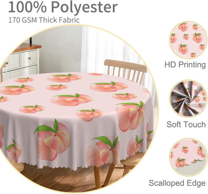 Cute Peach Round Tablecloth 70 Inch Summer Sweet Pink Peach with Green Leaves Print Circular Table Cover Waterproof Table Cloth for Dining Room Kitchen Patio Indoor Outdoor Party Supplies