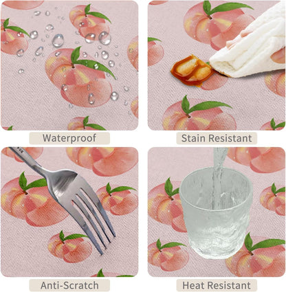 Cute Peach Round Tablecloth 70 Inch Summer Sweet Pink Peach with Green Leaves Print Circular Table Cover Waterproof Table Cloth for Dining Room Kitchen Patio Indoor Outdoor Party Supplies