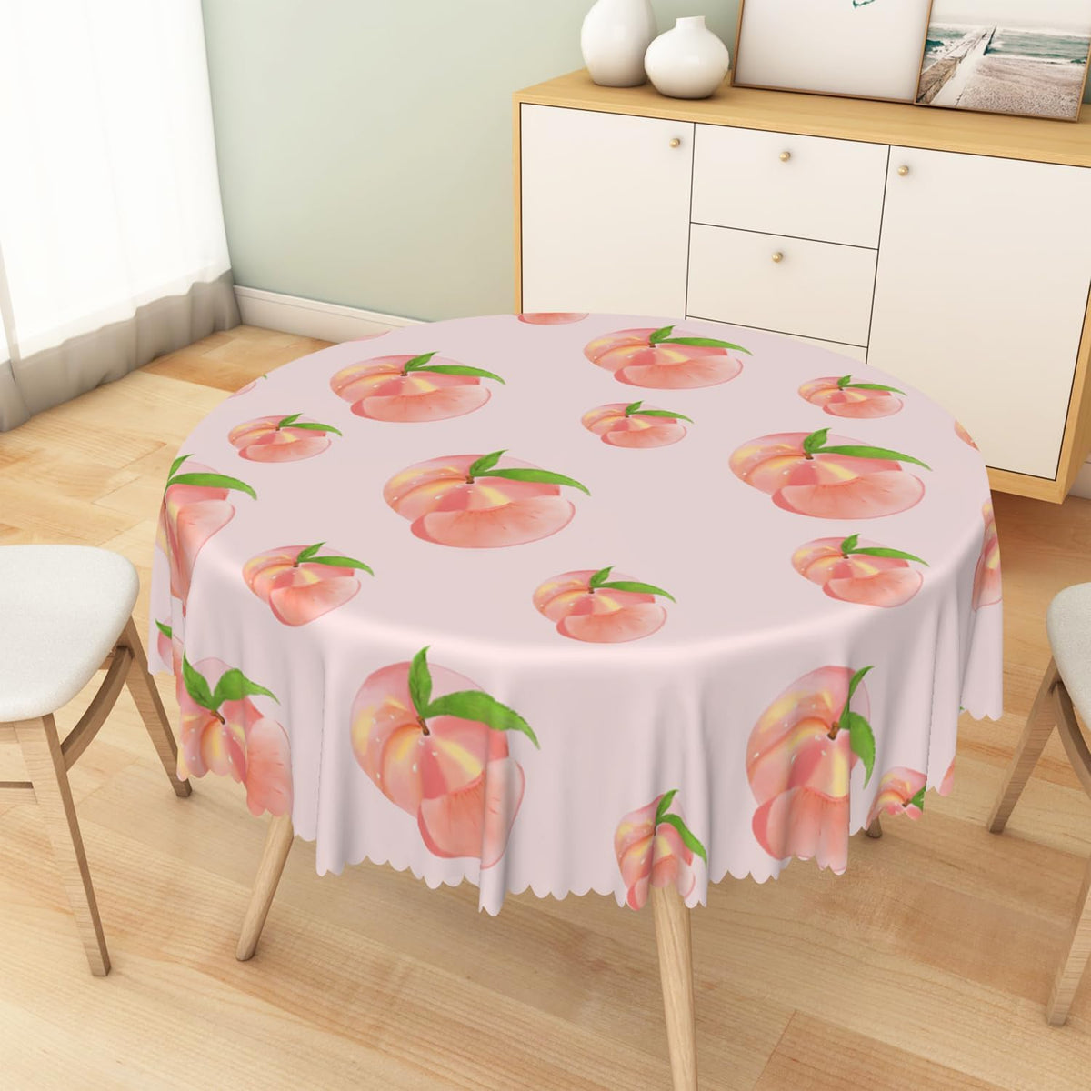 Cute Peach Round Tablecloth 70 Inch Summer Sweet Pink Peach with Green Leaves Print Circular Table Cover Waterproof Table Cloth for Dining Room Kitchen Patio Indoor Outdoor Party Supplies