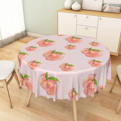 Cute Peach Round Tablecloth 70 Inch Summer Sweet Pink Peach with Green Leaves Print Circular Table Cover Waterproof Table Cloth for Dining Room Kitchen Patio Indoor Outdoor Party Supplies