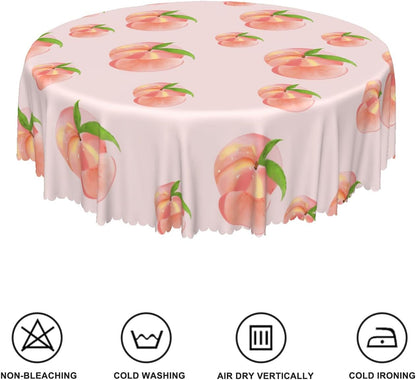 Cute Peach Round Tablecloth 70 Inch Summer Sweet Pink Peach with Green Leaves Print Circular Table Cover Waterproof Table Cloth for Dining Room Kitchen Patio Indoor Outdoor Party Supplies