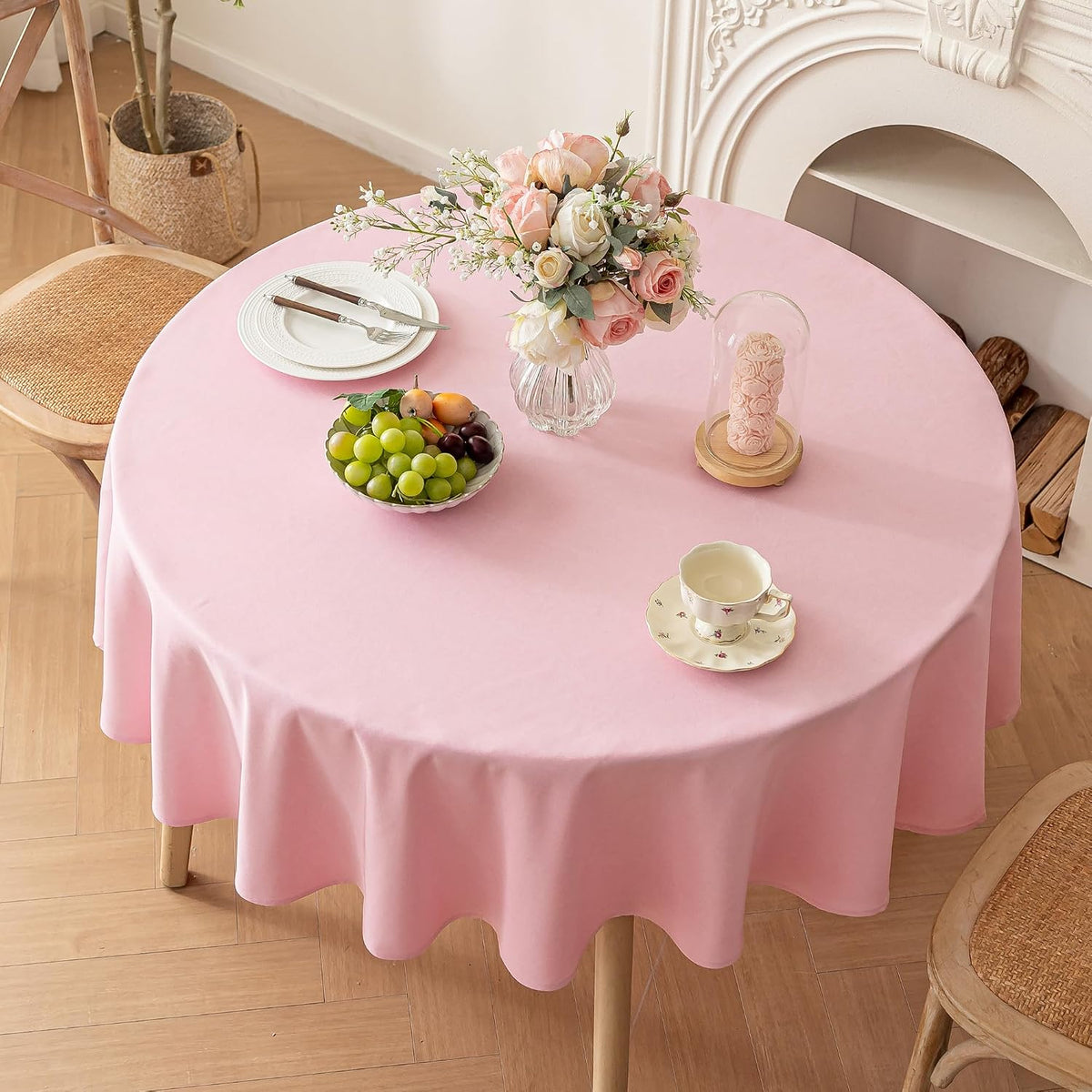 Round Tablecloth, 70 inch Diameter, Faux Linen Table Cloth, Water Resistant Spill-Proof Wipeable Polyester Dining Table Cover for Preppy Cafe Restaurant Buffet Tabletop Decoration, Pink