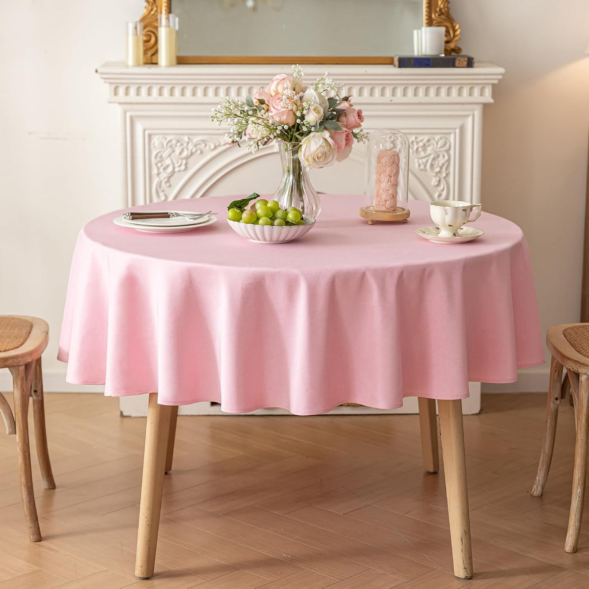 Round Tablecloth, 70 inch Diameter, Faux Linen Table Cloth, Water Resistant Spill-Proof Wipeable Polyester Dining Table Cover for Preppy Cafe Restaurant Buffet Tabletop Decoration, Pink