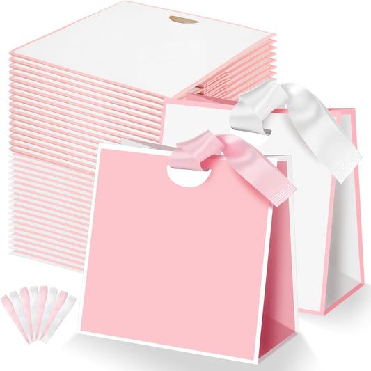 50 Packs Small Gift Bags with Ribbon Handles 6" x 3" x 5.7" Bulk Reusable Pink and White Goodie Bags Bulk for Wedding Birthday Bridal Baby Shower Holiday Party Favors Gift Wrap