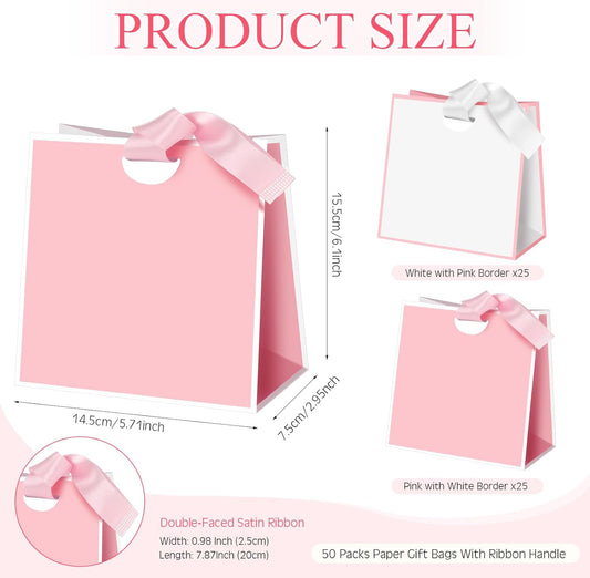 50 Packs Small Gift Bags with Ribbon Handles 6" x 3" x 5.7" Bulk Reusable Pink and White Goodie Bags Bulk for Wedding Birthday Bridal Baby Shower Holiday Party Favors Gift Wrap