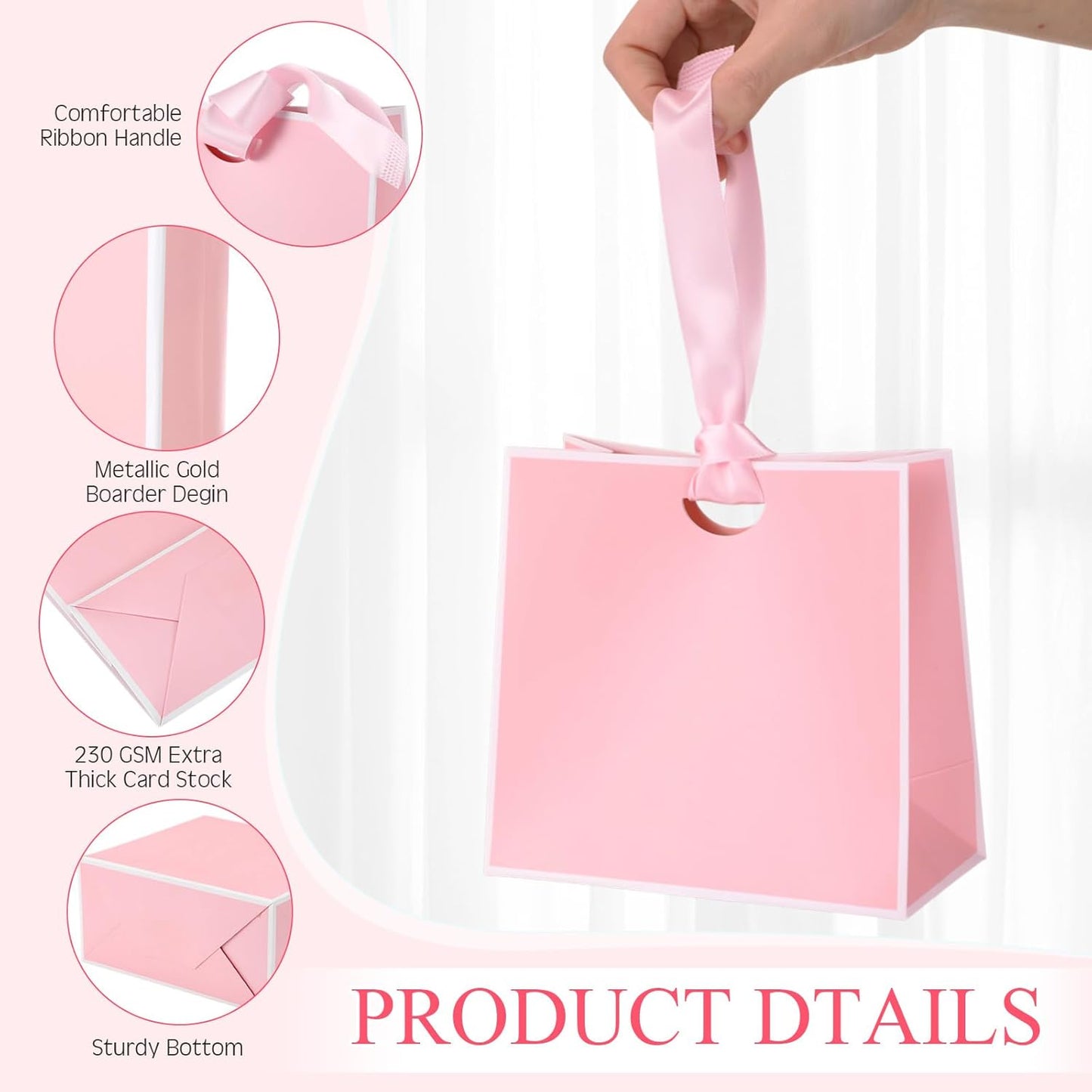 50 Packs Small Gift Bags with Ribbon Handles 6" x 3" x 5.7" Bulk Reusable Pink and White Goodie Bags Bulk for Wedding Birthday Bridal Baby Shower Holiday Party Favors Gift Wrap