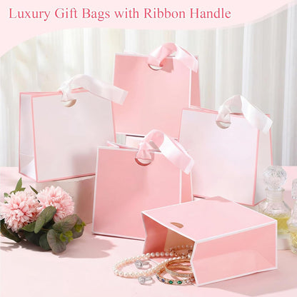 50 Packs Small Gift Bags with Ribbon Handles 6" x 3" x 5.7" Bulk Reusable Pink and White Goodie Bags Bulk for Wedding Birthday Bridal Baby Shower Holiday Party Favors Gift Wrap
