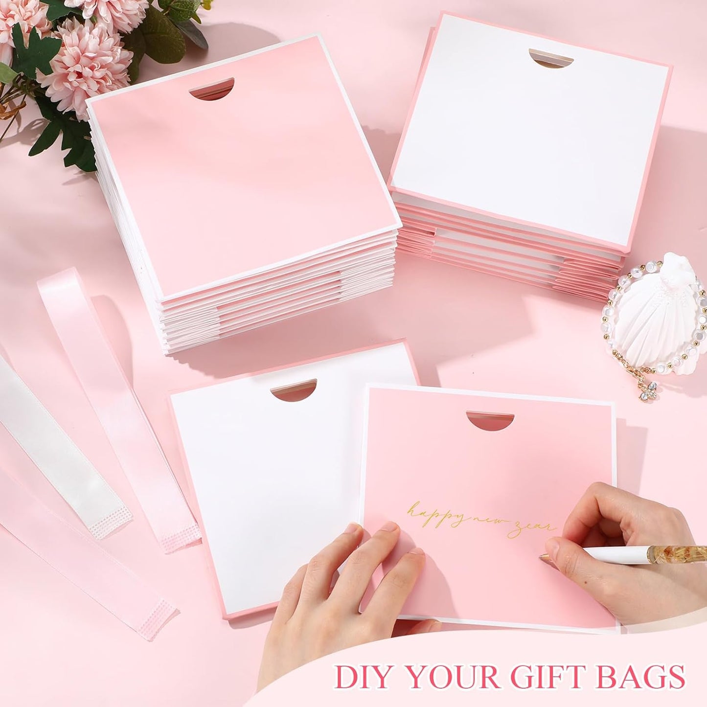 50 Packs Small Gift Bags with Ribbon Handles 6" x 3" x 5.7" Bulk Reusable Pink and White Goodie Bags Bulk for Wedding Birthday Bridal Baby Shower Holiday Party Favors Gift Wrap