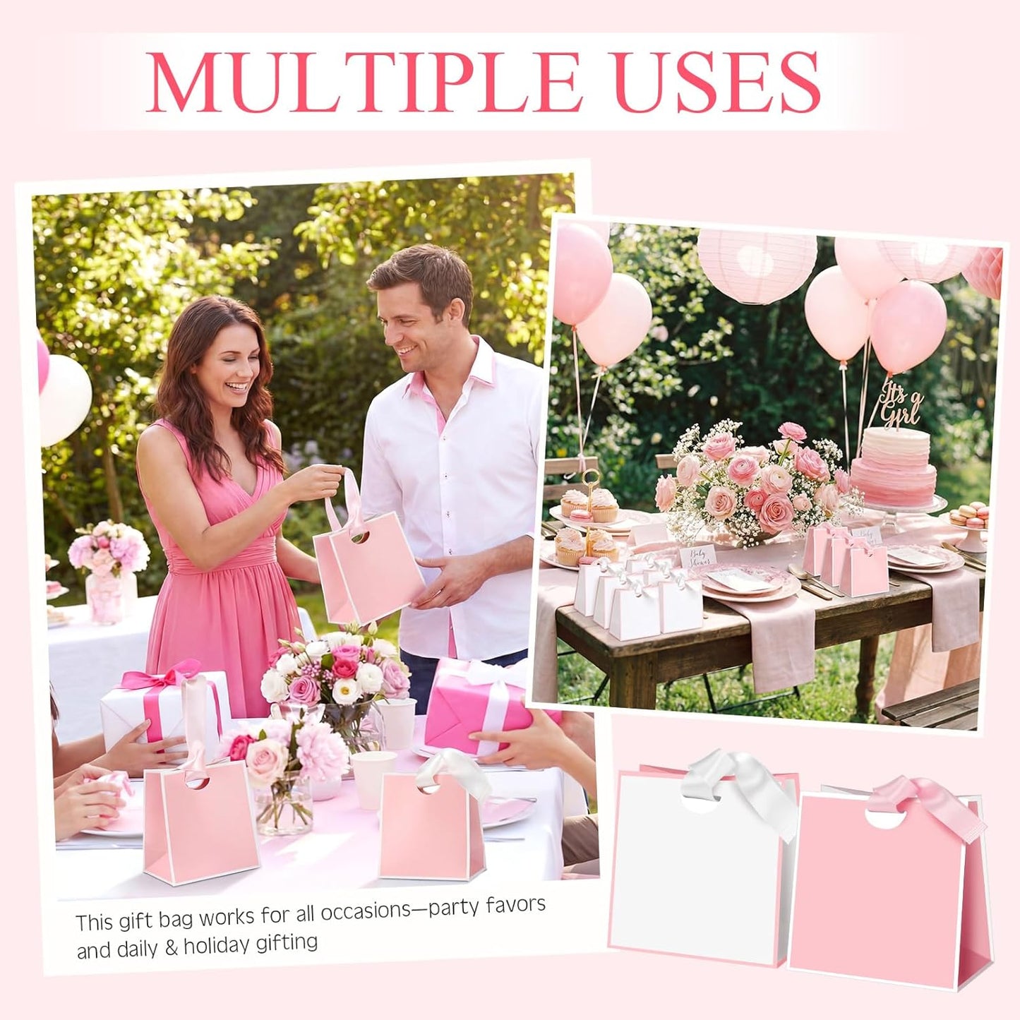 50 Packs Small Gift Bags with Ribbon Handles 6" x 3" x 5.7" Bulk Reusable Pink and White Goodie Bags Bulk for Wedding Birthday Bridal Baby Shower Holiday Party Favors Gift Wrap