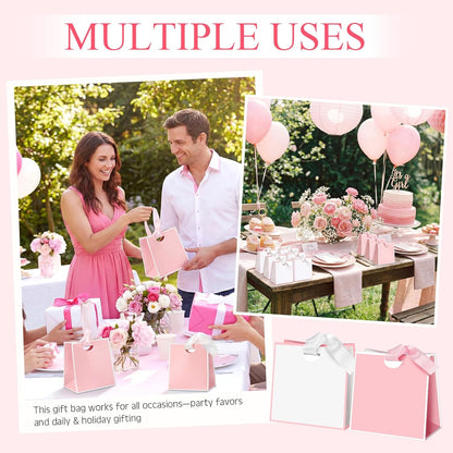 50 Packs Small Gift Bags with Ribbon Handles 6" x 3" x 5.7" Bulk Reusable Pink and White Goodie Bags Bulk for Wedding Birthday Bridal Baby Shower Holiday Party Favors Gift Wrap
