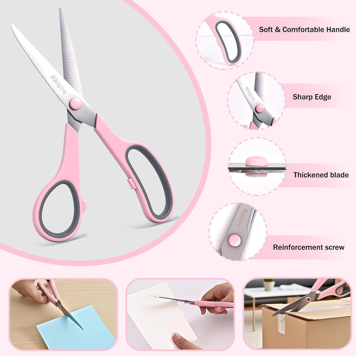 Pink Scissors Pack, Rkqoa 8" All Purpose Sharp Scissors for Everyday Use