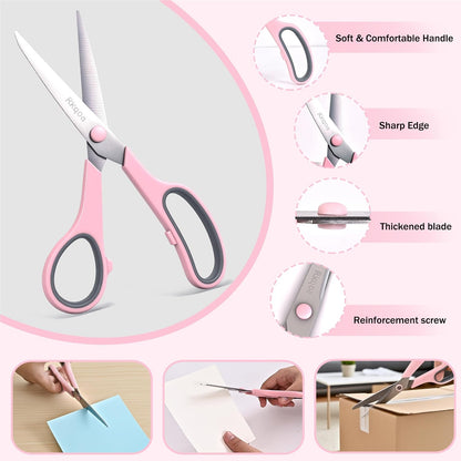 Pink Scissors Pack, Rkqoa 8" All Purpose Sharp Scissors for Everyday Use