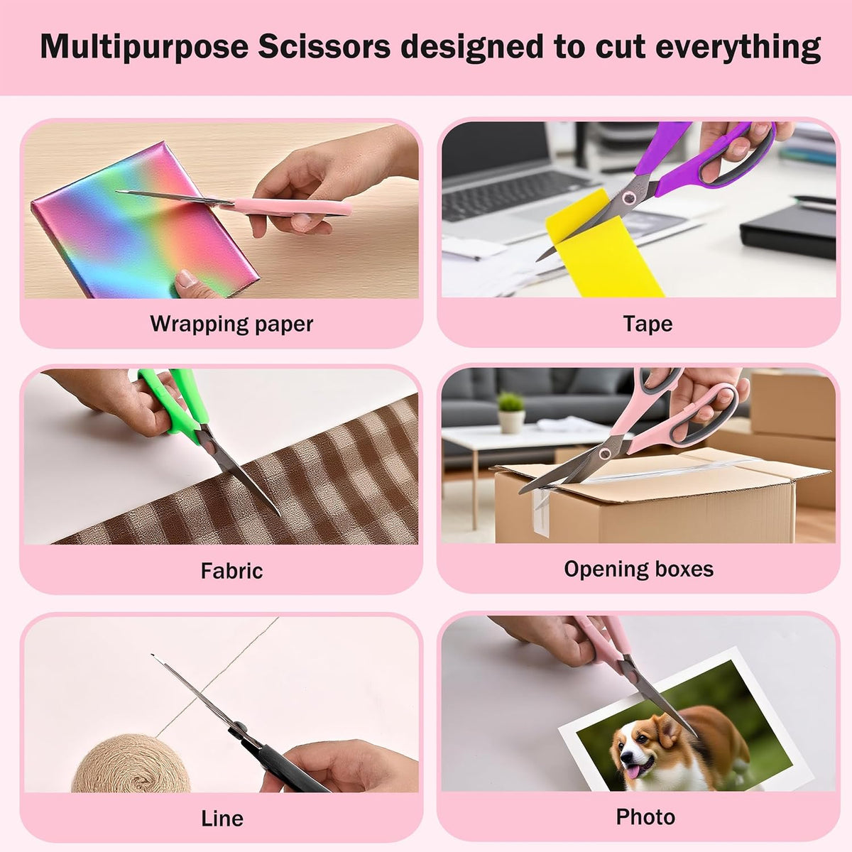 Pink Scissors Pack, Rkqoa 8" All Purpose Sharp Scissors for Everyday Use