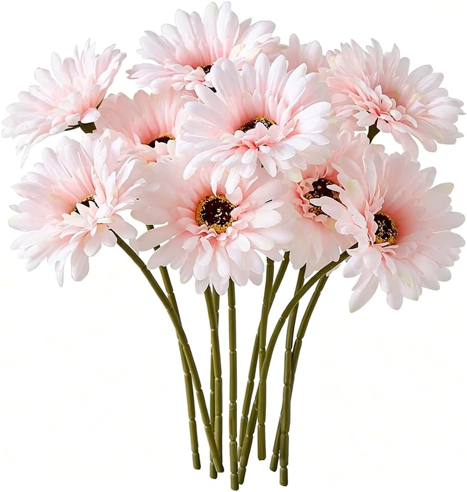 10 Pcs Artificial Gerbera Daisies Fake Daisy Flowers Bouquet Faux Flowers for Vase Centerpiece Wedding Party Floral Decor Indoor Home Decoration (Light Pink)