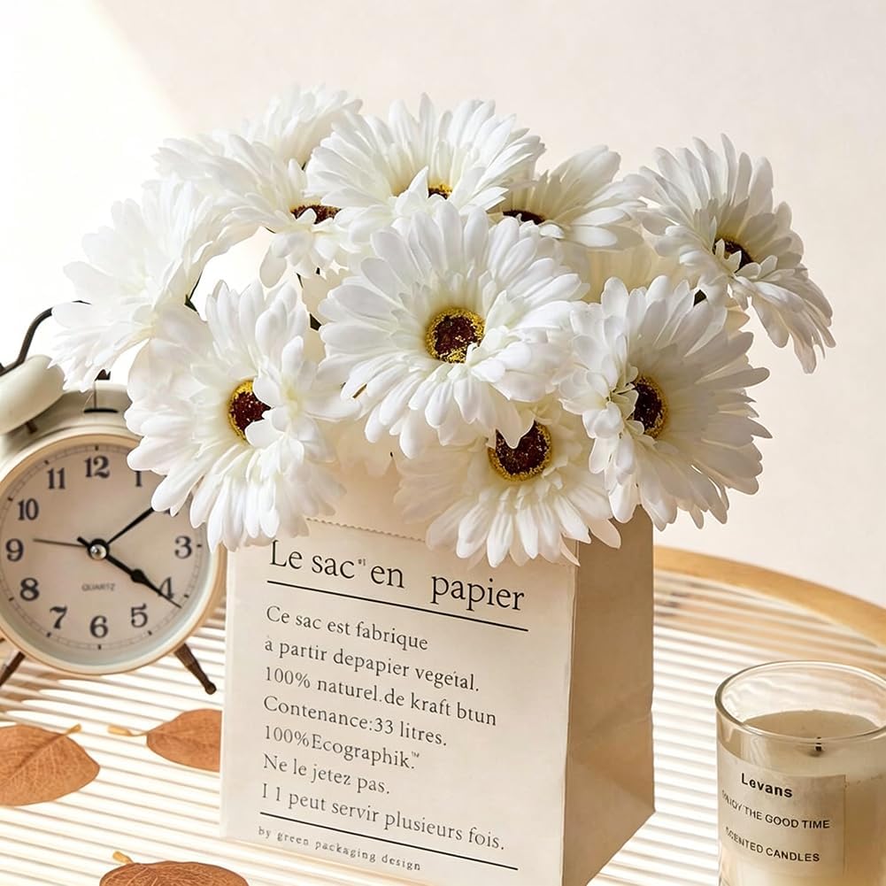 10 Pcs Artificial Gerbera Daisies Fake Daisy Flowers Bouquet Faux Flowers for Vase Centerpiece Wedding Party Floral Decor Indoor Home Decoration (Light Pink)