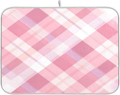 Dish Drying Mat for Kitchen Counter Absorbent Quick Dry Foldable Washable Coffee Bar Mat Dish Drying Pad 18x24 Pinks White Beige Checkered Pattern