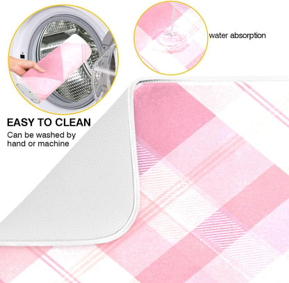 Dish Drying Mat for Kitchen Counter Absorbent Quick Dry Foldable Washable Coffee Bar Mat Dish Drying Pad 18x24 Pinks White Beige Checkered Pattern