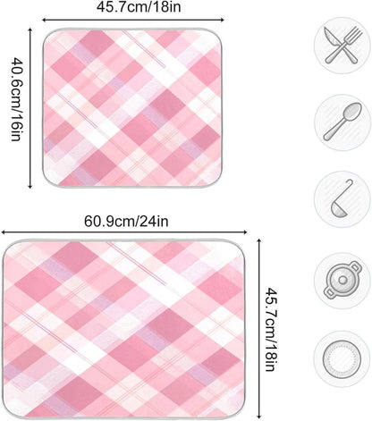 Dish Drying Mat for Kitchen Counter Absorbent Quick Dry Foldable Washable Coffee Bar Mat Dish Drying Pad 18x24 Pinks White Beige Checkered Pattern