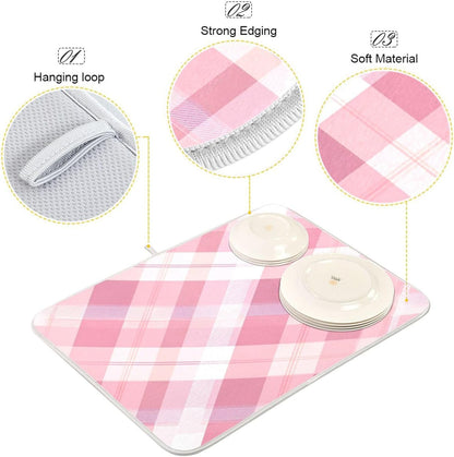 Dish Drying Mat for Kitchen Counter Absorbent Quick Dry Foldable Washable Coffee Bar Mat Dish Drying Pad 18x24 Pinks White Beige Checkered Pattern