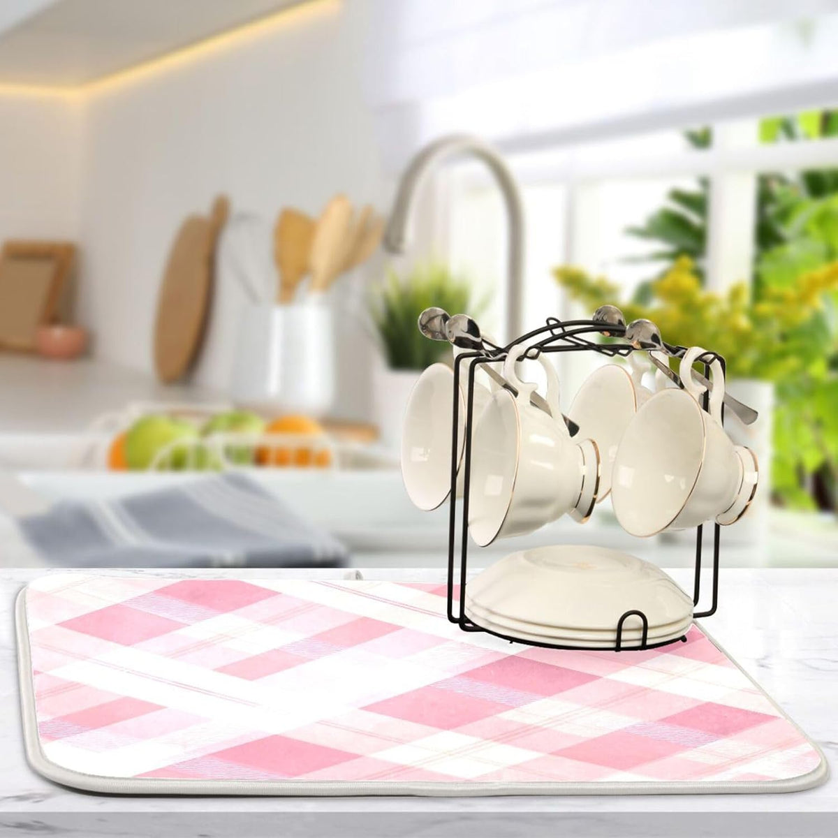 Dish Drying Mat for Kitchen Counter Absorbent Quick Dry Foldable Washable Coffee Bar Mat Dish Drying Pad 18x24 Pinks White Beige Checkered Pattern