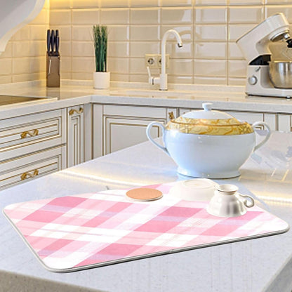 Dish Drying Mat for Kitchen Counter Absorbent Quick Dry Foldable Washable Coffee Bar Mat Dish Drying Pad 18x24 Pinks White Beige Checkered Pattern