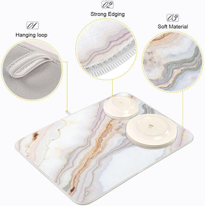 Pink White Marble Dish Drying Mat Dish Drainer Rack Pad Kitchen Counter Mat 18" x 24" Heat Resistant Mat
