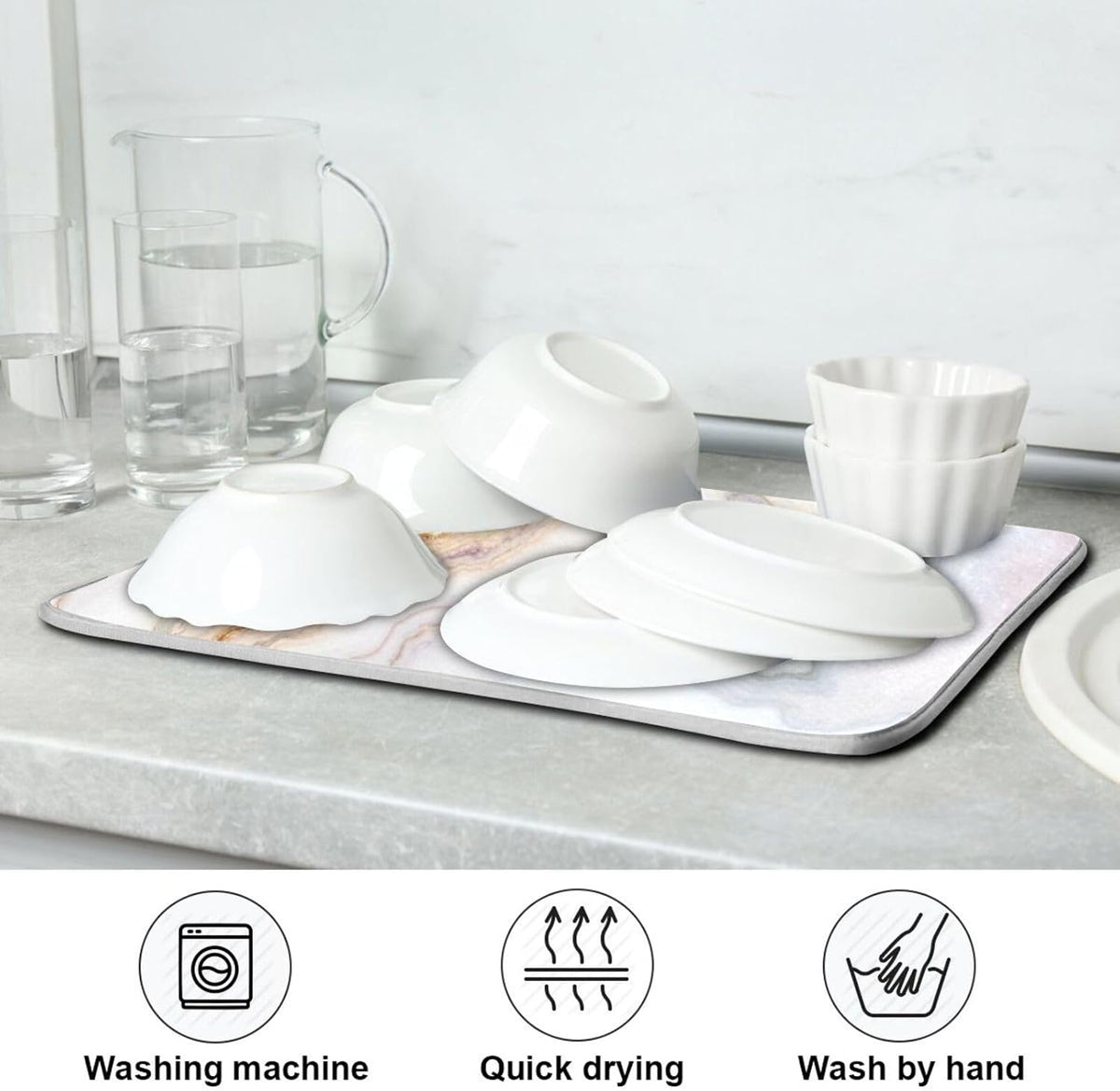 Pink White Marble Dish Drying Mat Dish Drainer Rack Pad Kitchen Counter Mat 18" x 24" Heat Resistant Mat