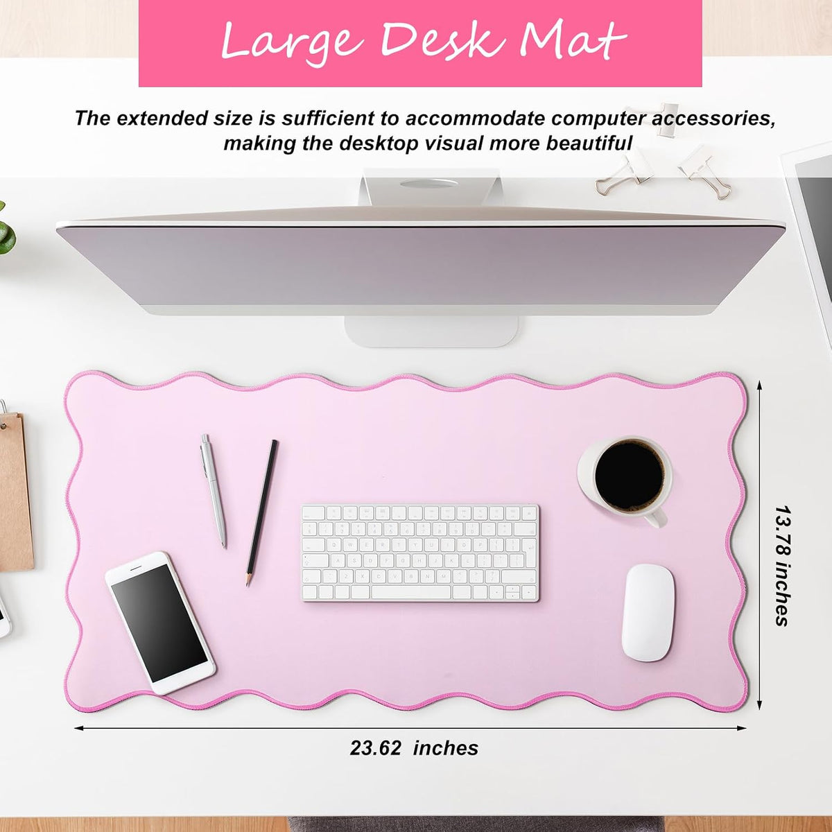 Large Scalloped Desk Mat Pad, Pink, 23.6 x 13.8 Inches