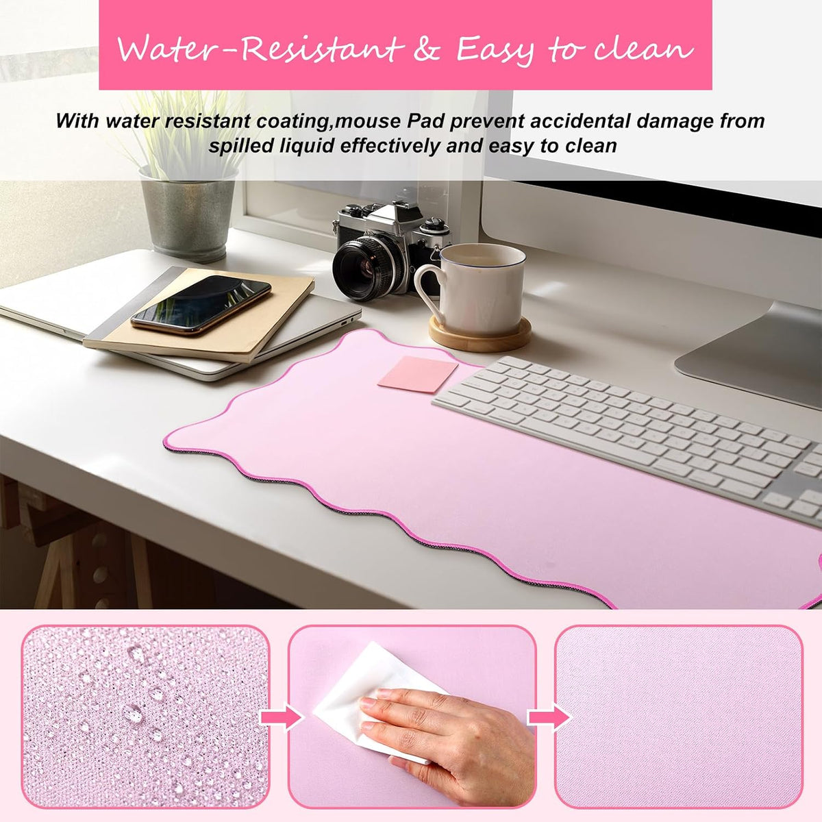 Large Scalloped Desk Mat Pad, Pink, 23.6 x 13.8 Inches