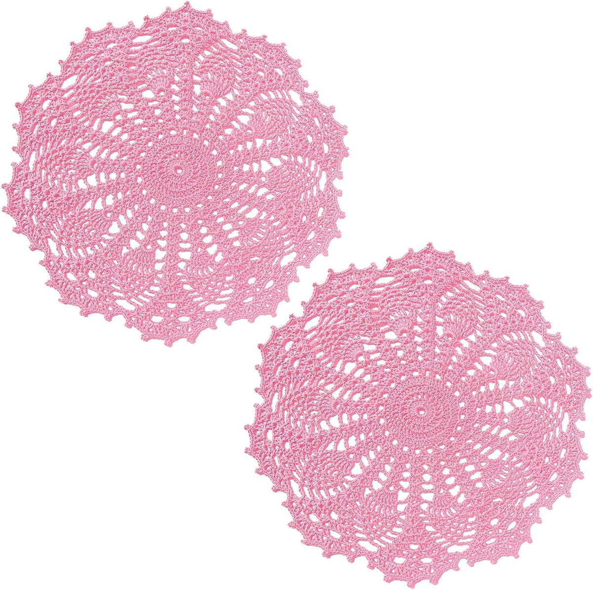 2 PCS 12 inches Lace Doilies Crochet Handmade Lace Coasters Round Placemat Rustic Table Doilies Decors for Wedding Kitchen Dining Room Party Dressers Pink