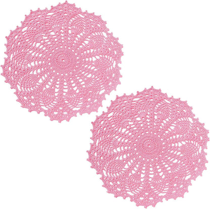 2 PCS 12 inches Lace Doilies Crochet Handmade Lace Coasters Round Placemat Rustic Table Doilies Decors for Wedding Kitchen Dining Room Party Dressers Pink