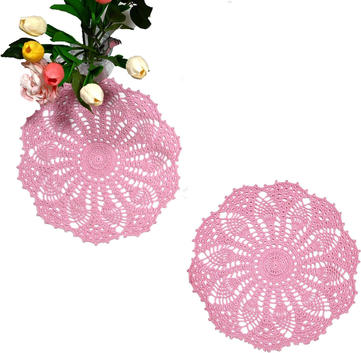 2 PCS 12 inches Lace Doilies Crochet Handmade Lace Coasters Round Placemat Rustic Table Doilies Decors for Wedding Kitchen Dining Room Party Dressers Pink