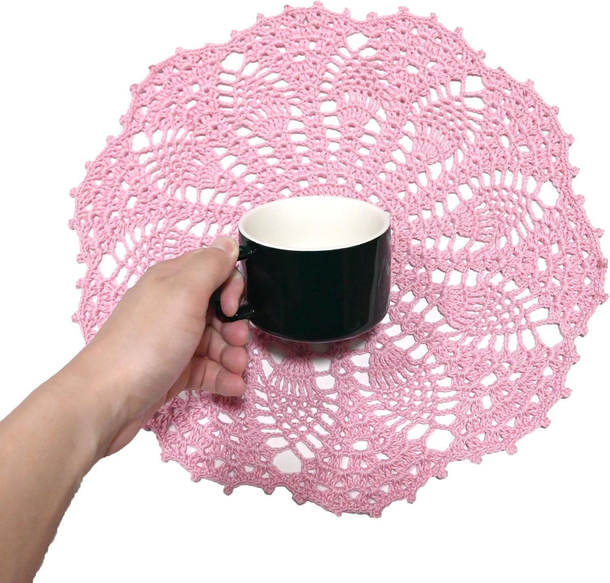 2 PCS 12 inches Lace Doilies Crochet Handmade Lace Coasters Round Placemat Rustic Table Doilies Decors for Wedding Kitchen Dining Room Party Dressers Pink