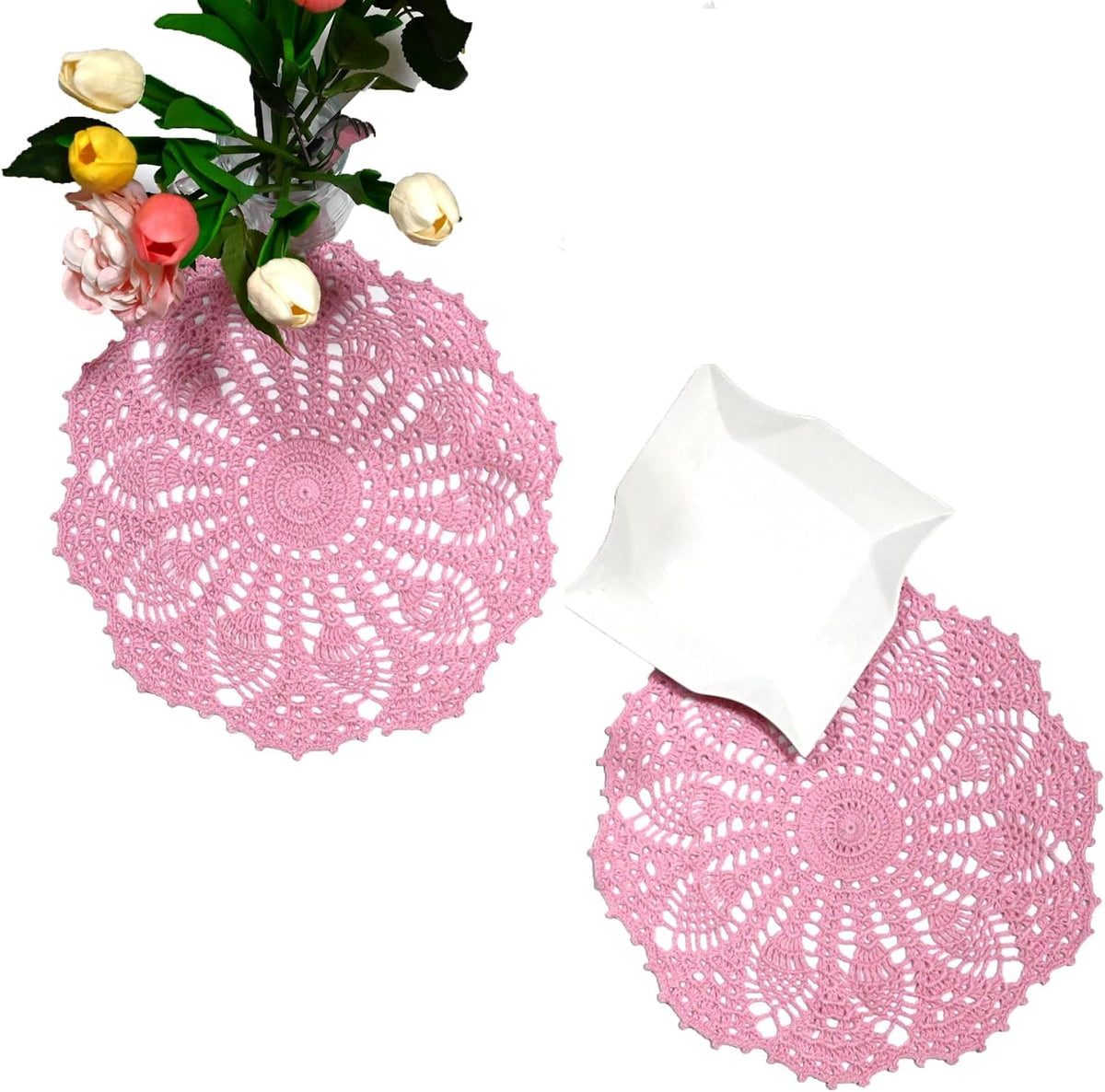 2 PCS 12 inches Lace Doilies Crochet Handmade Lace Coasters Round Placemat Rustic Table Doilies Decors for Wedding Kitchen Dining Room Party Dressers Pink