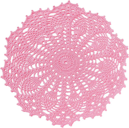2 PCS 12 inches Lace Doilies Crochet Handmade Lace Coasters Round Placemat Rustic Table Doilies Decors for Wedding Kitchen Dining Room Party Dressers Pink