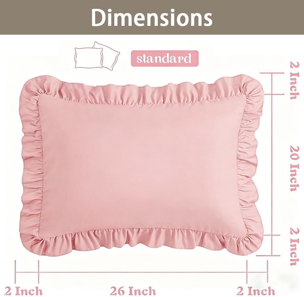 Ruffle Pillow Case Standard Size Set of 2, Pink, 20"x26"