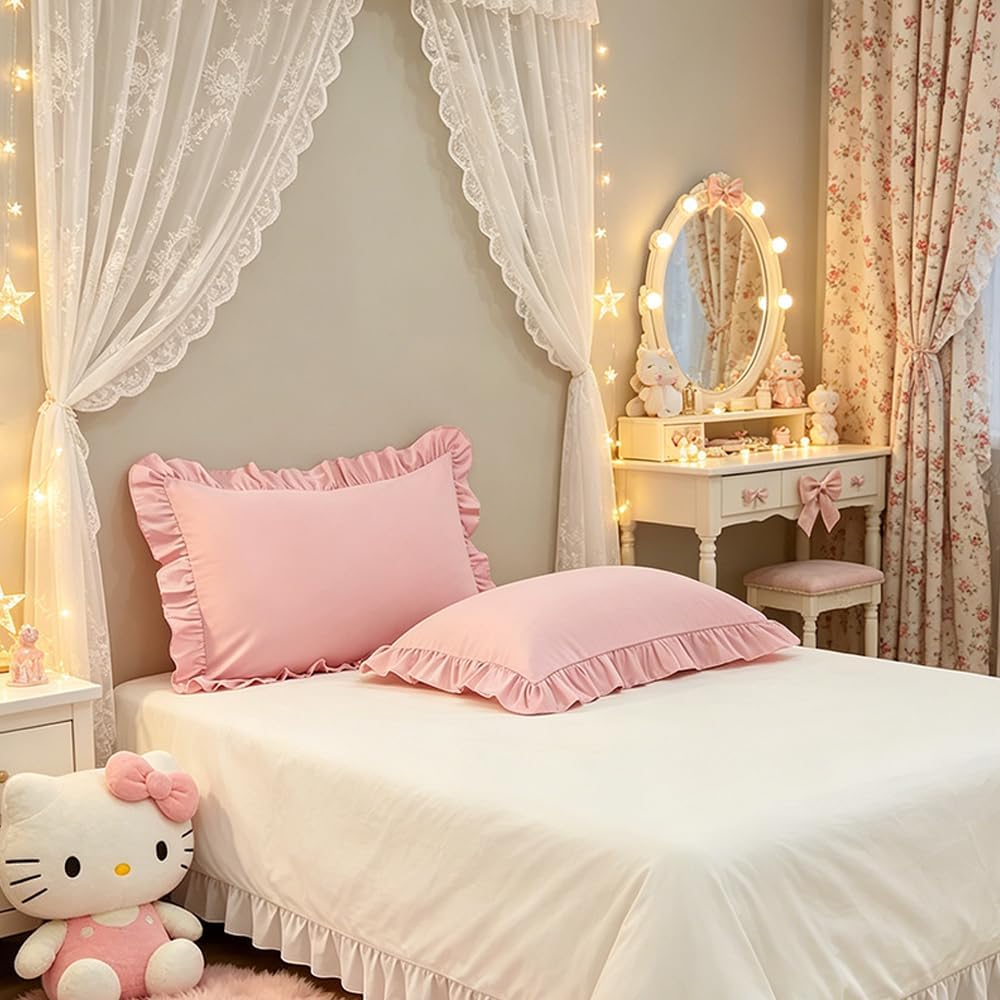 Ruffle Pillow Case Standard Size Set of 2, Pink, 20"x26"