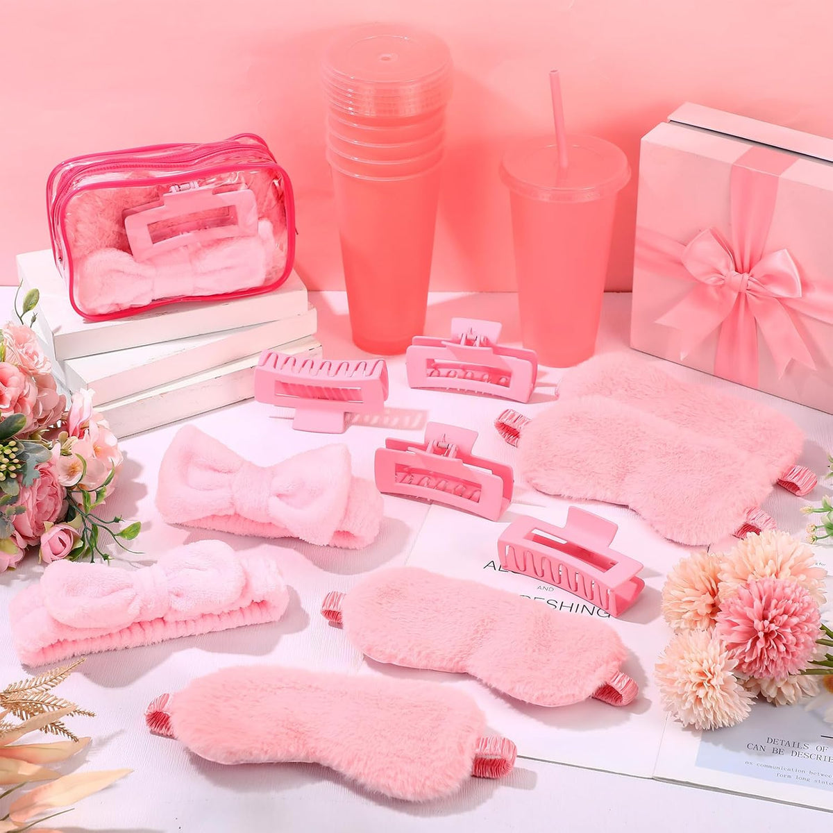 30 Pcs Spa Party Favor for Women Sleepover Party Supplies 6 Bow Headband 6 Eye Mask 6 Hair Clip 6 Cosmetic Bag 6 Glitter Plastic Cup for Adult Spa Birthday Bachelorette(Pink)